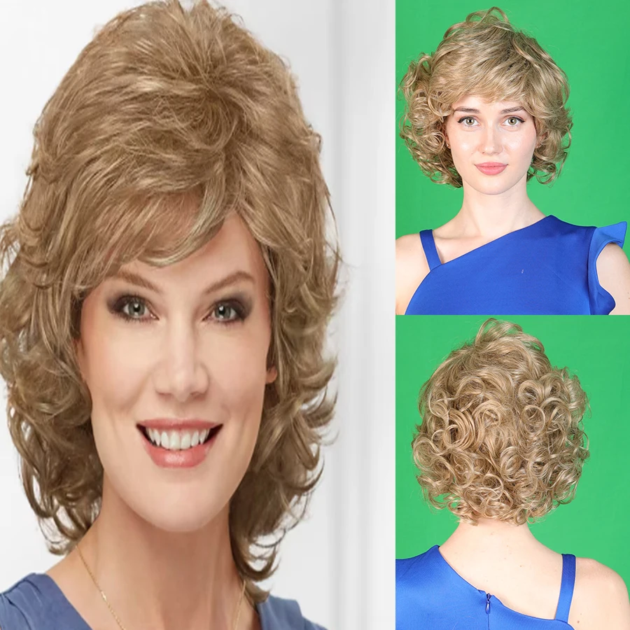 HAIRJOY Women Synthetic Hair Wigs Short Curly with Bangs  Shoulder Length Brown Blonde Grey White Wig