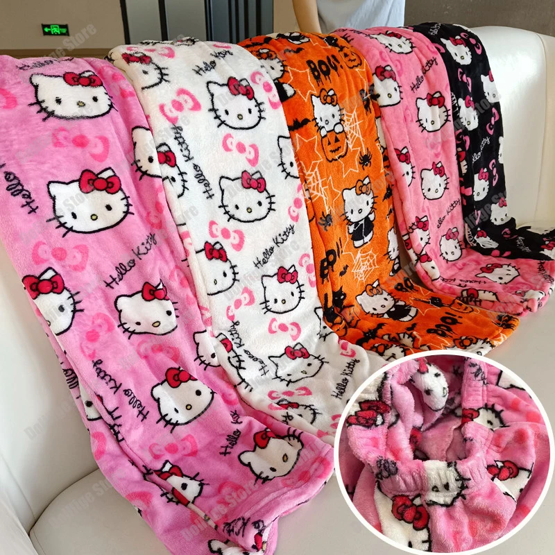 MINISO Christmas Hello Kitty Pajamas Halloween Flannel Fashion Trouserswomen Kawaii Woolen Anime Cartoon Casual Home Pant Autumn