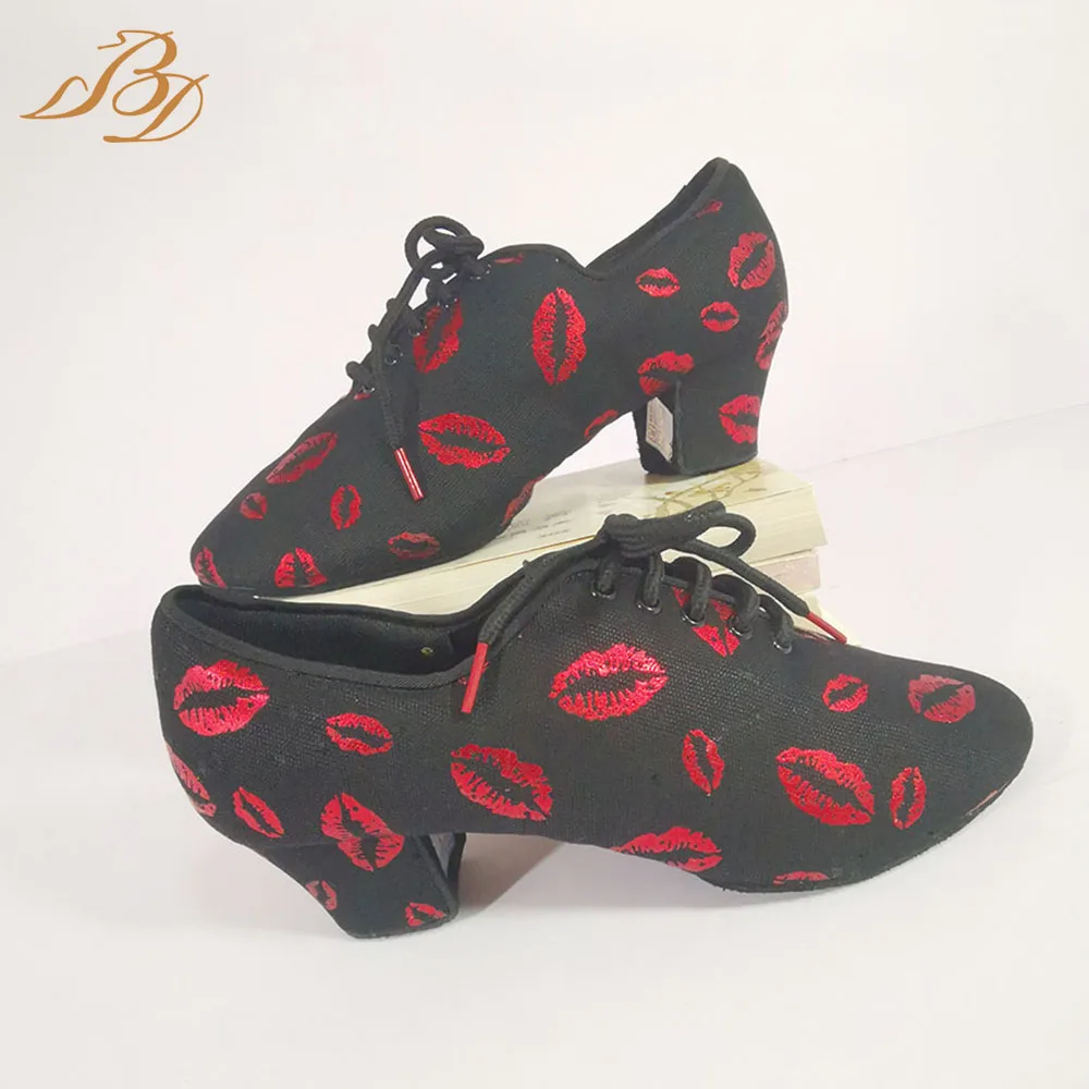BD Dance Latin American Shoes Sneakers Dance for Woman Perform Social Jazz Sports Fitness Tango Argentina Shoes Red Lips T1-B