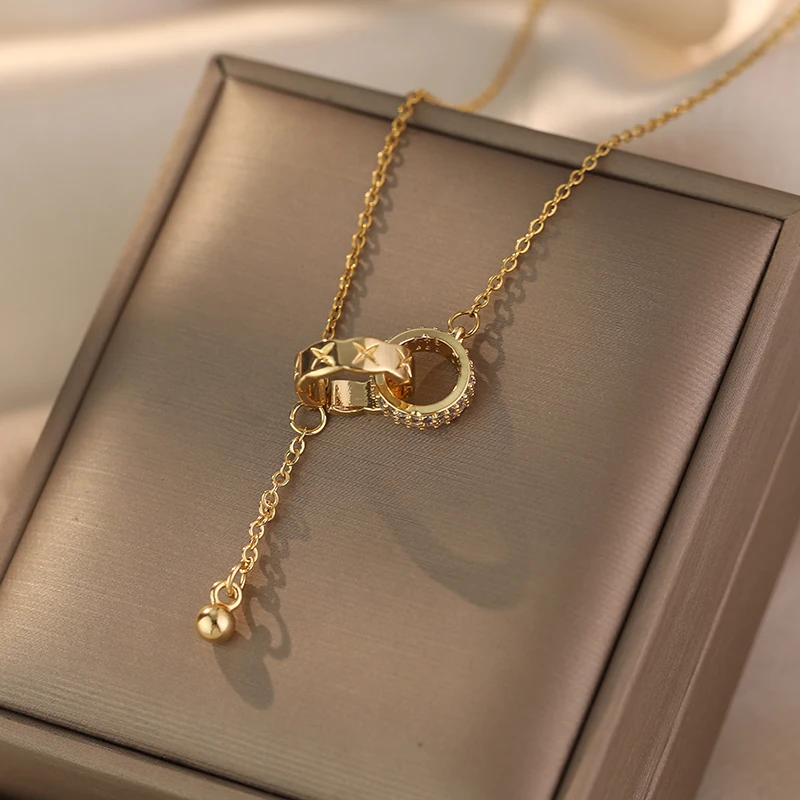 

New Fashion Classic Zircon Double Ring Pendant Titanium Steel Necklace Women's Gift Banquet Jewelry Necklace 2024