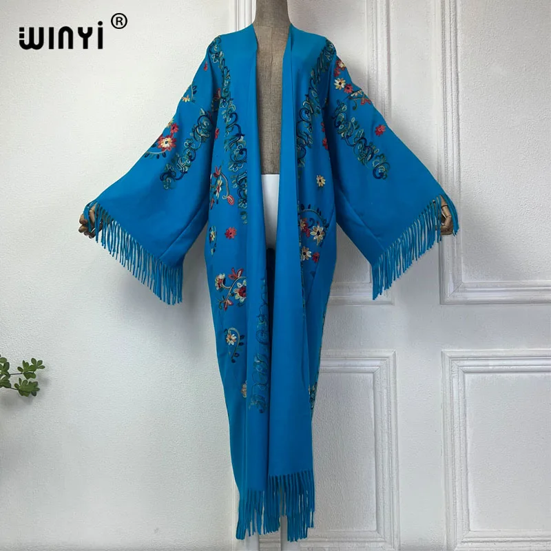 WINYI autumn Winter Women tassel Pashmina Embroidery Long Coat  Lapel OverCoat Thick Warm free size Middle East Female KIMONO