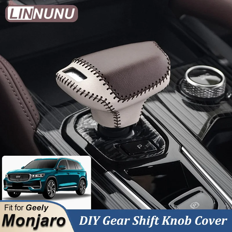 LINNUNU For Geely Monjaro Xingyue L 2022 2023 2024 Leather Gear Shift Knob Cover Automatic Hand-Stitched DIY Gear Shift Collars