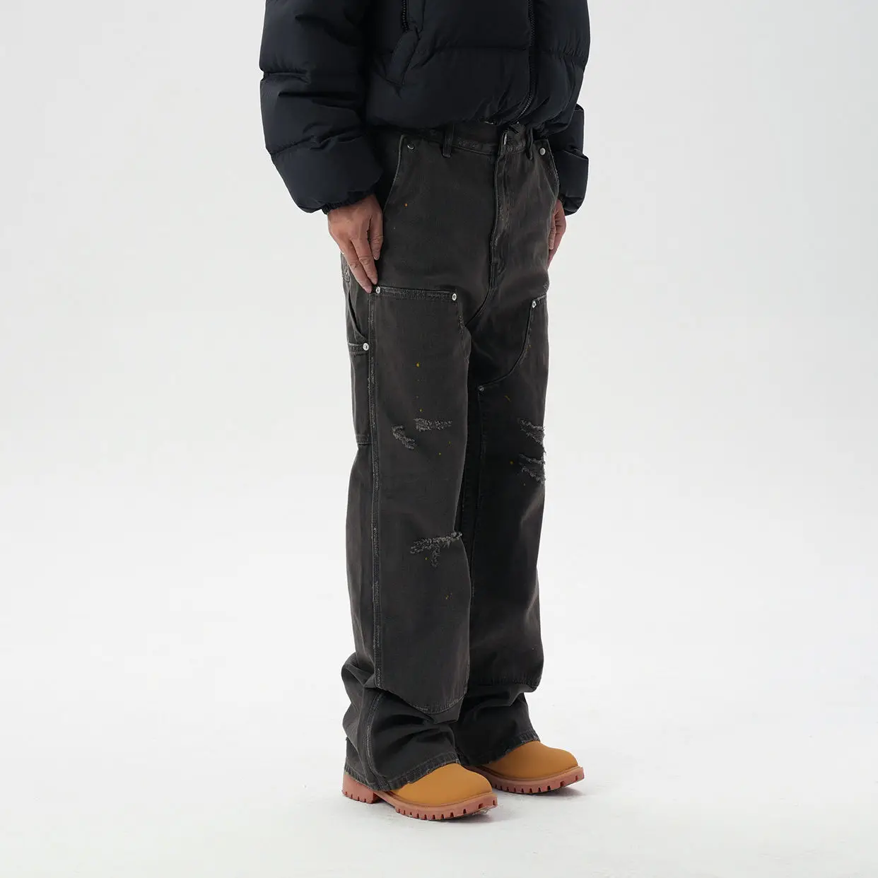 Fashion American-Style Retro Washed Distressed Splash-Ink Damaged Double-Knee Logging Jeans