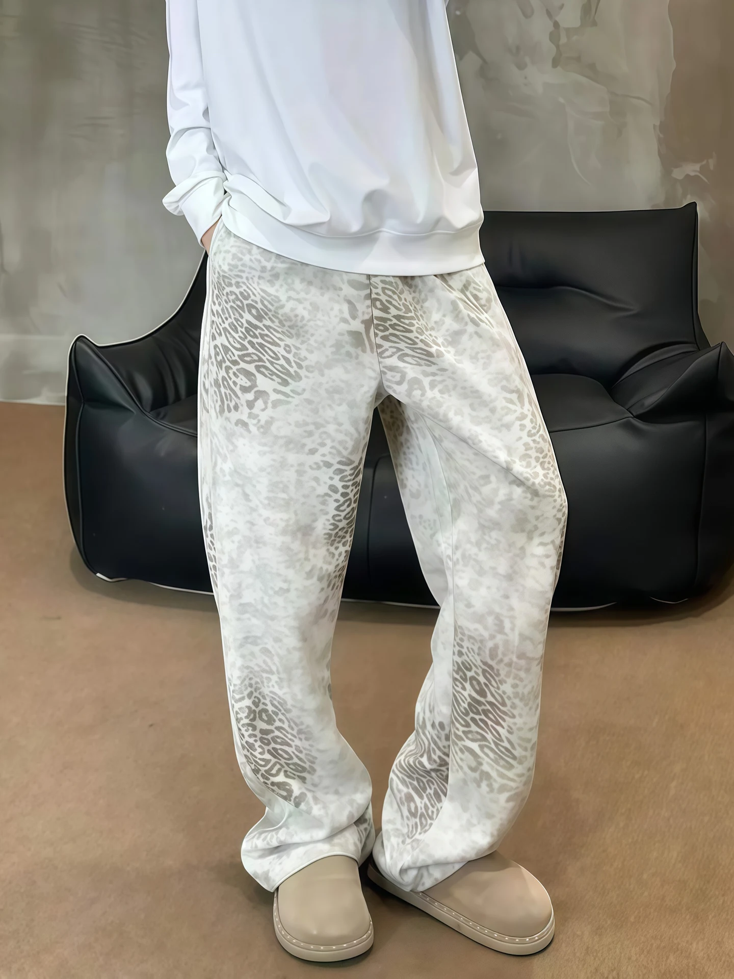 

Американские утепленные брюки с леопардовым принтом для мужчин и женщин, прямые, свободного кроя, с широкими штанинами, зимние