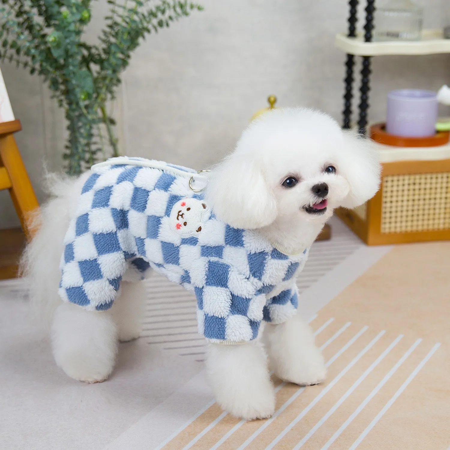 Blue Plaid Teddy Four Legs Clothes Double Sided Fleece Dog Clothes Pet Winter Warm Clothes Small Dog Thickened One-piece Clothes