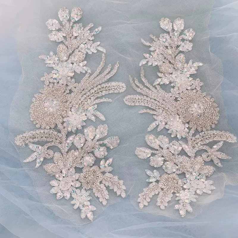 Silver White Super Shiny Sequins Beads Embroidery Lace Patch for Stage Performance Costume Decoration