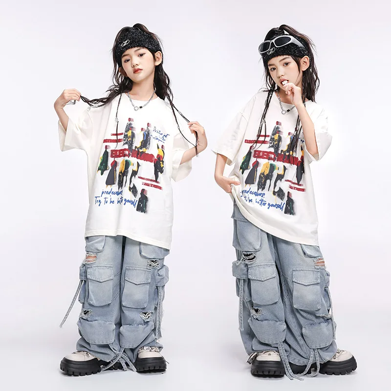

Kid Kpop Hip Hop Clothing White Print T Shirt Denim Blue Distressed Ripped Cargo Jeans Pants for Girl Boy Dance Costumes Clothes