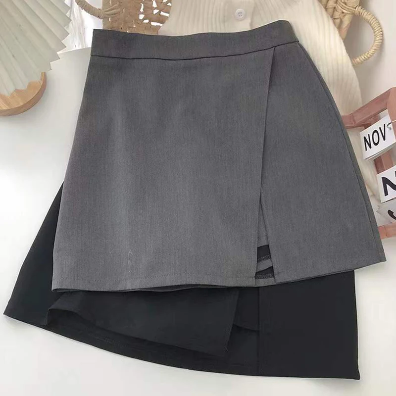 Gonne a trapezio nere e grigie da donna, stile coreano, con spacco frontale, vita alta, mini gonne, streetwear, gonne corte da ballo per donna