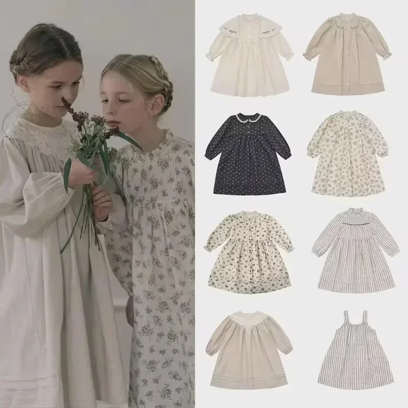 In Stock! LOU 2024 Autumn/Winter New Girls Dress Long Sleeves Embroidery Princess Dress Embroidered Lace Dress