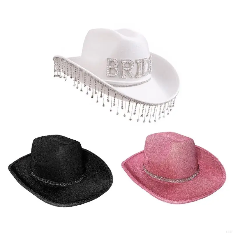 

K1ME Elegant Cowgirl Hat Shinning Fringe Brim Wedding Photo Sunproof Hat