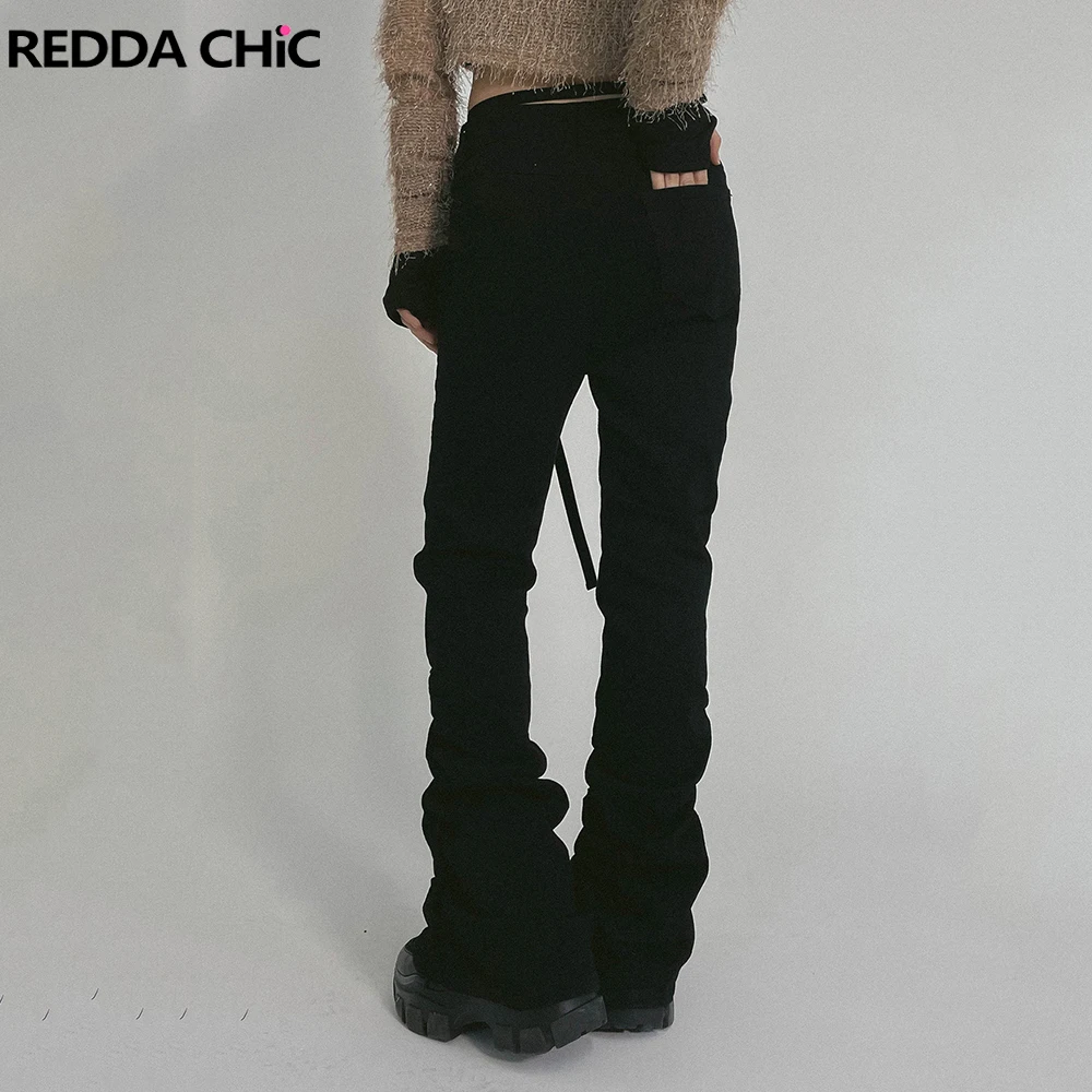 ReddaChic 無地ブラック スタックドジーンズ レディース ストレッチ スリムフィット フレア ブーツカットパンツ グランジ Y2K ラッフルヘム ハイウエスト デニム トラウザーズ