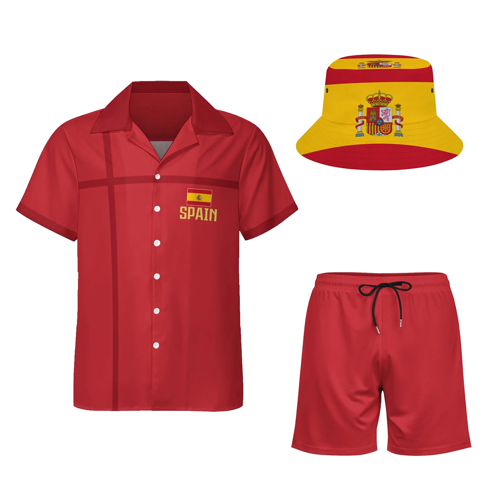 

Men's Spain Flag Hawaiian Shirt and Shorts Set with Matching Bucket Hat – 3 Piece Vacation Outfit for Summer & Beach