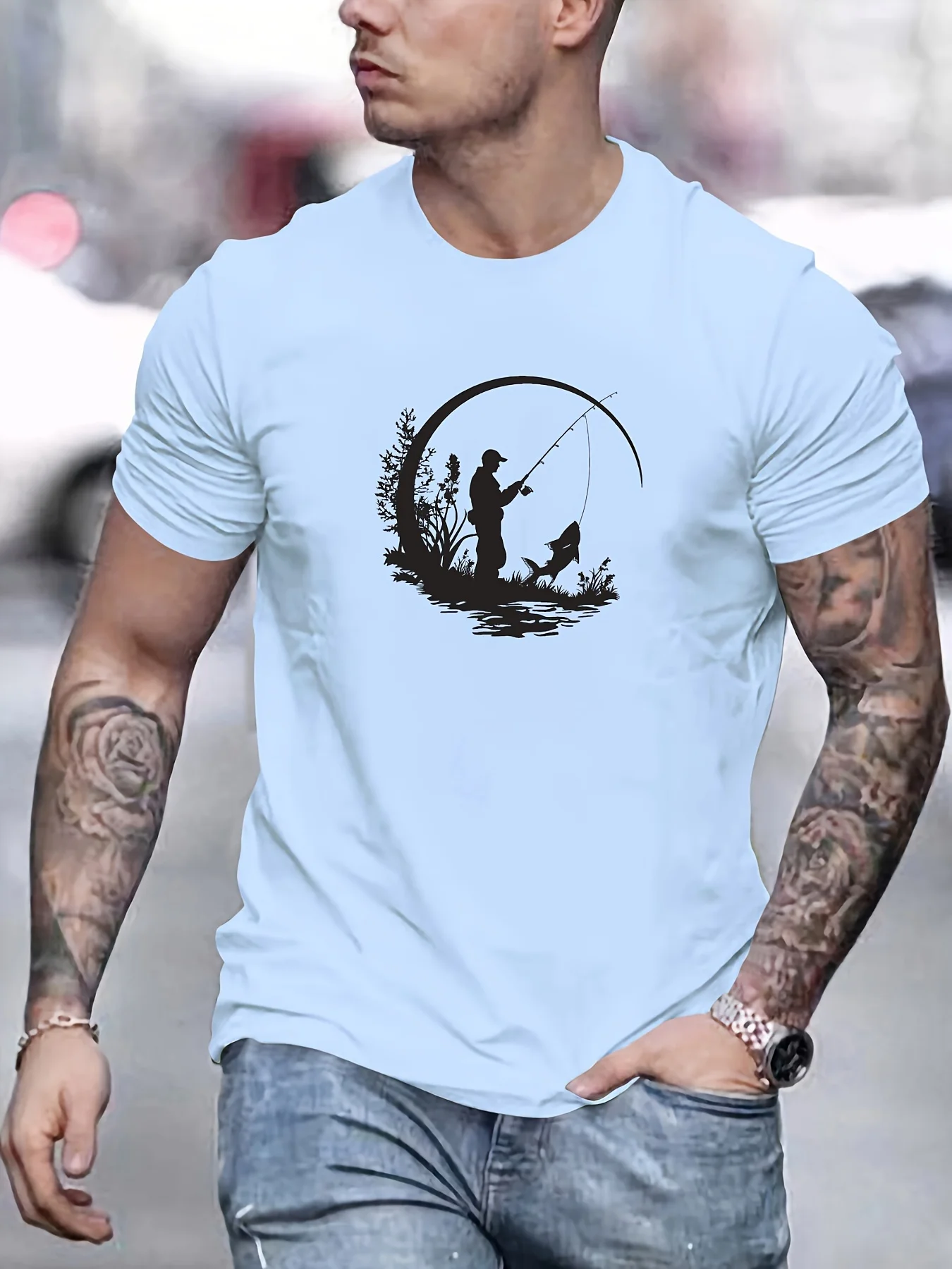 Men's Summer Relaxed-Fit Short-Sleeve Crew-Neck T-Shirt with Fishing Print Simple Stylish and Casual Short-Sleeve Top