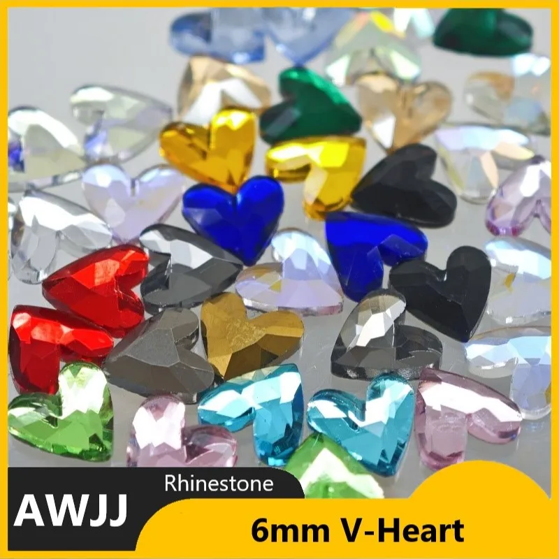 100/500pcs 6mm V-Heart Shape Boutique Flat bottom nail art rhinestones Glass crystal 3D nail decoration wholesale