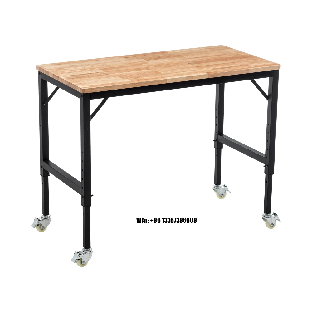 

Heavy-Duty Adjustable Workbench for Garage, Rubber Wood Shop Table W/Metal Wheels, Hardwood Workstation Weight Capacity