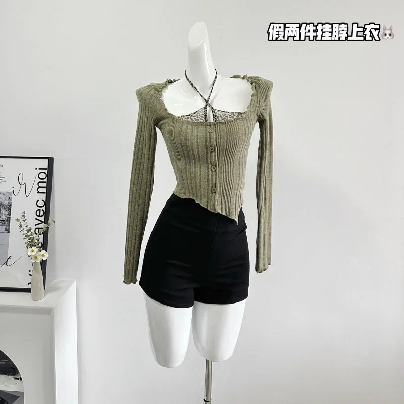 

Patchwork Sexy Women's Y2K Short Sweater Women's Korean Fashion Long-sleeved Asymmetrical Hem Sense Of Design Cardigan Sweater