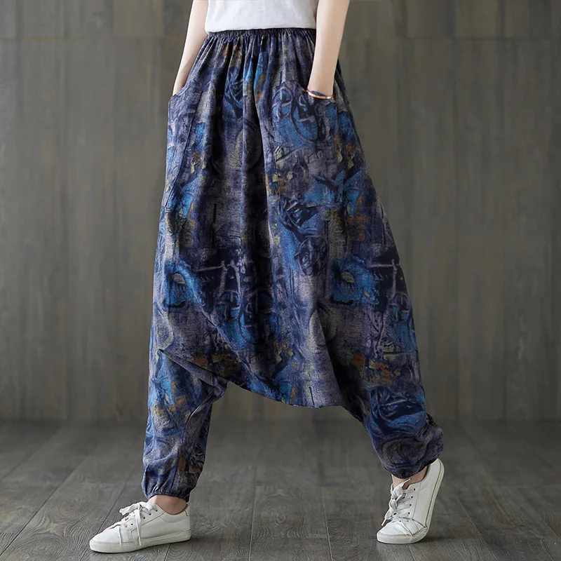 Baggy Cotton Linen Print Bloomers Women Thai Indian Harem Pants Loose Elastic Waist Aladdin Nepal  National Style Lantern Pants