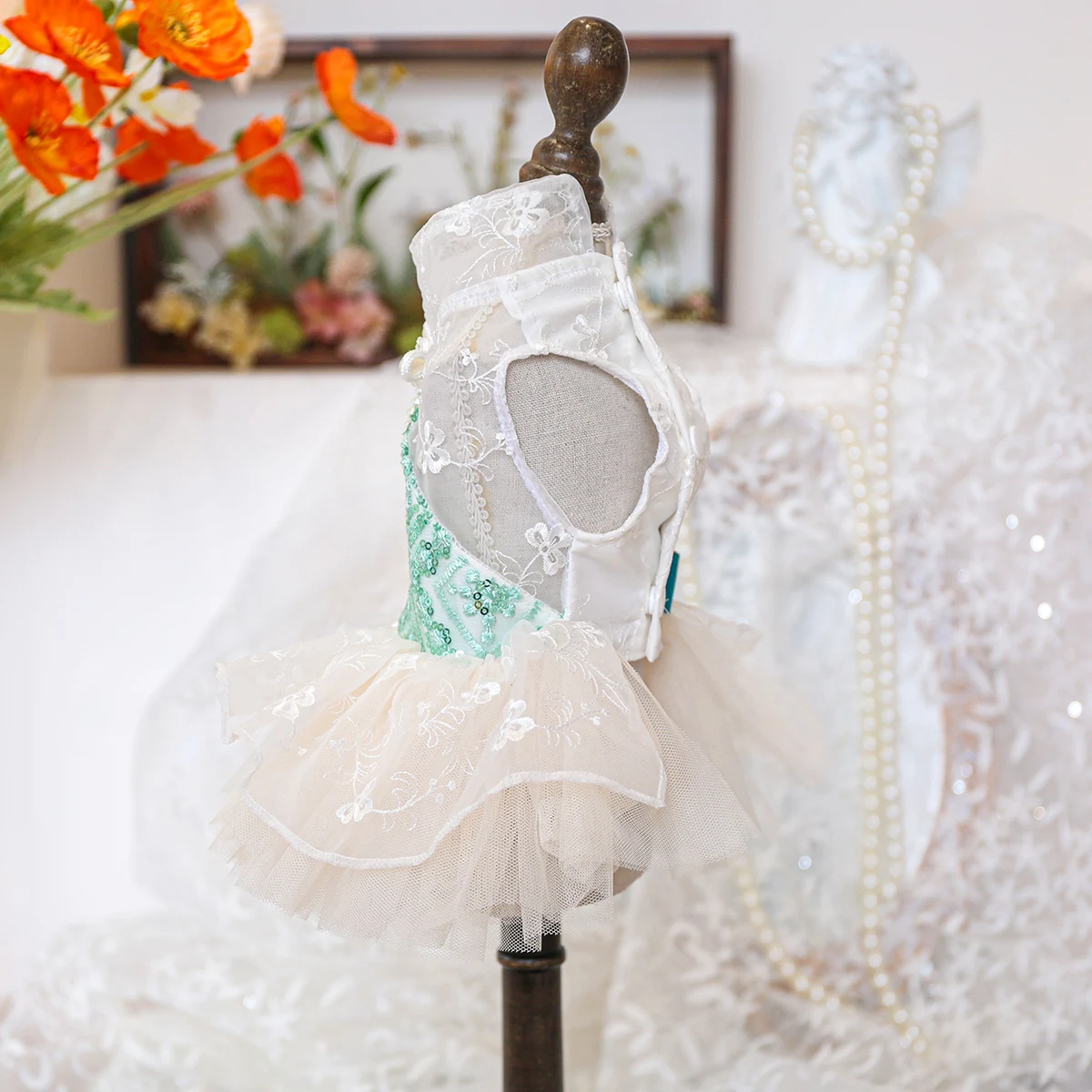 Mint Manbo Pet Party Dress, Lace & Sequin Tulle Tutu Skirt with Pearls, Harness Outfit for Small Dogs & Cats, Wedding Wear