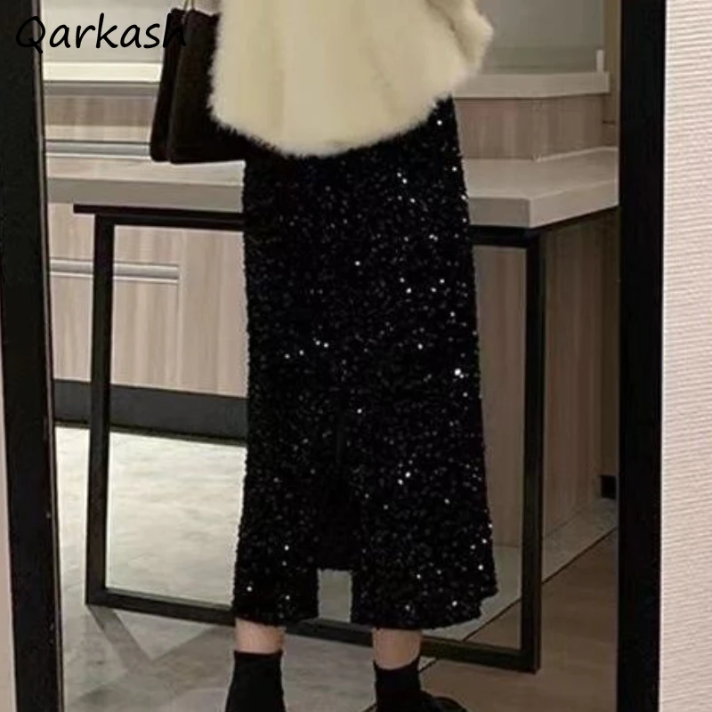 

Backless Midi Skirts Women Gentle Sequins Fashion Blingbling A-line Jupe Elegant Club High Waist Aesthetic Gothic Cozy Females