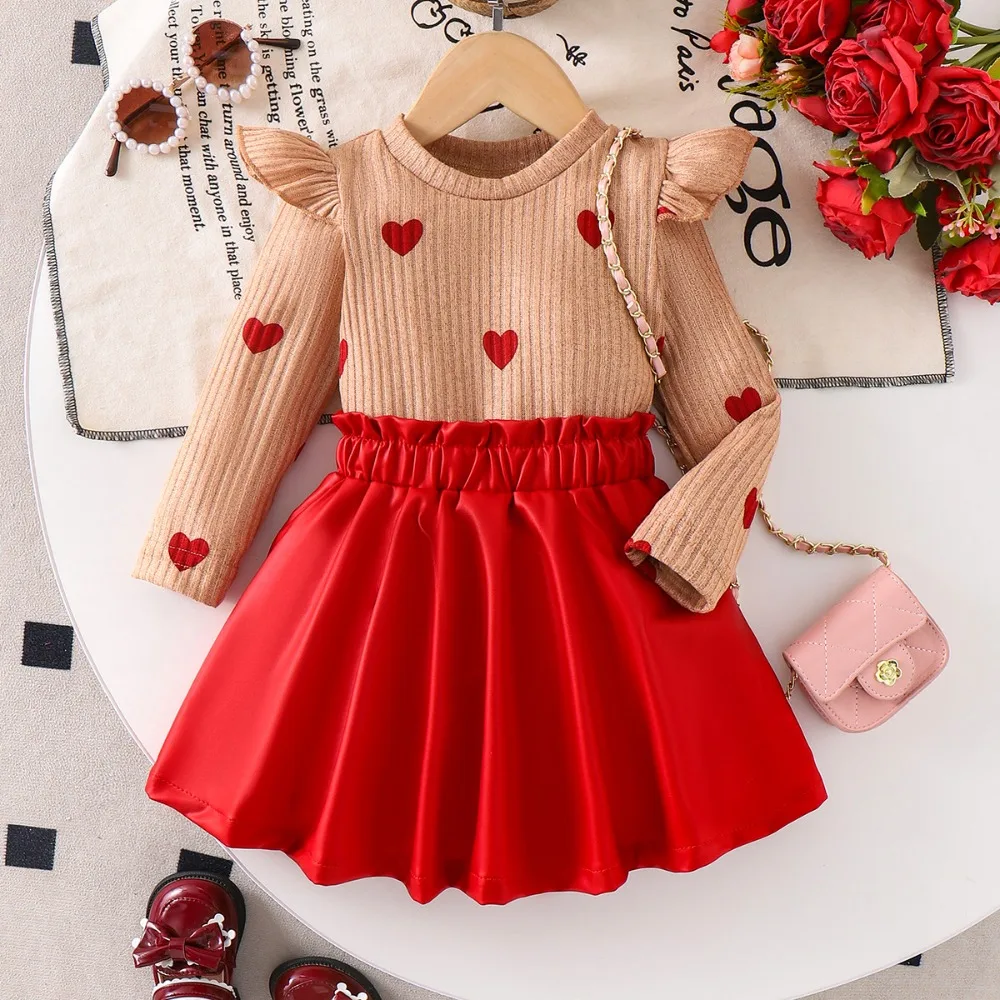 Toddler Girl Princess Outfit Autumn Winter Love Print Long Sleeve Top Red Skirt for Birthday Party Cute Kids Dress for 2-7Y