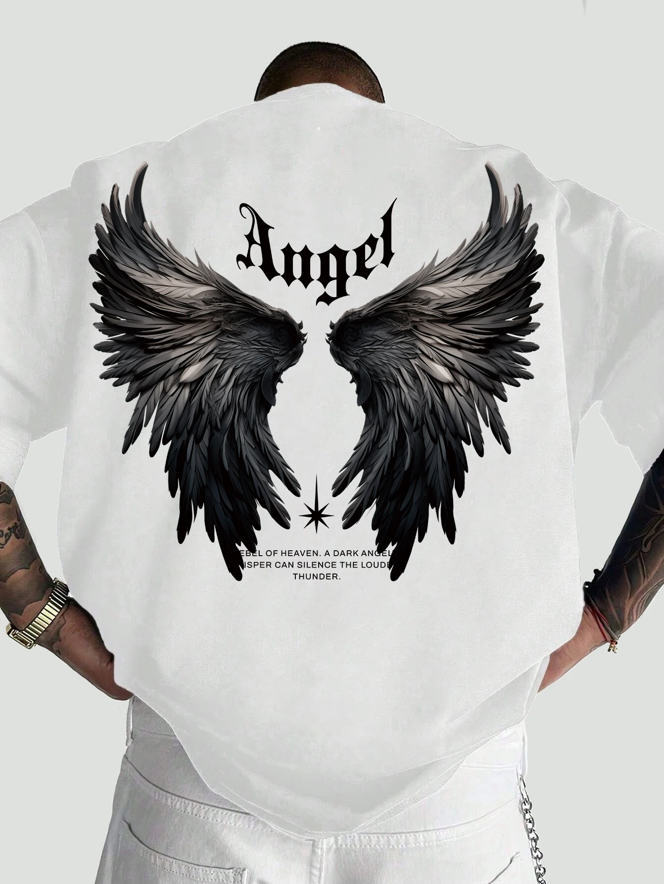 T-shirt oversize homme dégradé foncé avec imprimé dos Aile d'ange, Lettre d'ange gothique, Poème étoilé, Texte, style Grunge Streetwear, coupe ample