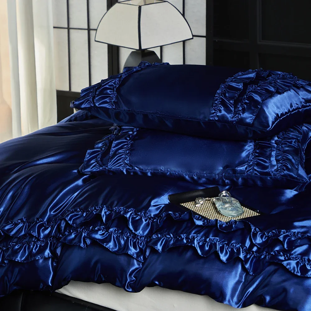 Luxury Satin Double-layered Ruffles Bedding Set Queen Soft Smooth Duvet Cover and Pillowcase Silky Single Double Comforter Cover