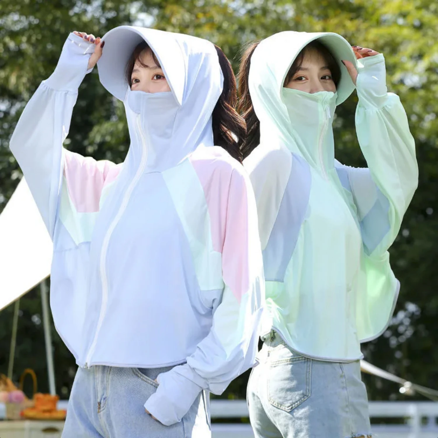 Women Summer  Anti-UV Splicing Color Sunblock Clothing  Ice Silk Hooded  Hat Cloak  Protective Shawl Smock sun-proof clothing