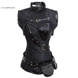 Charmian Steampunk Corset Black Women Retro Steel Boned Plus Size Leather Corset Top with Belt Bustier Halloween Gothic Clothes