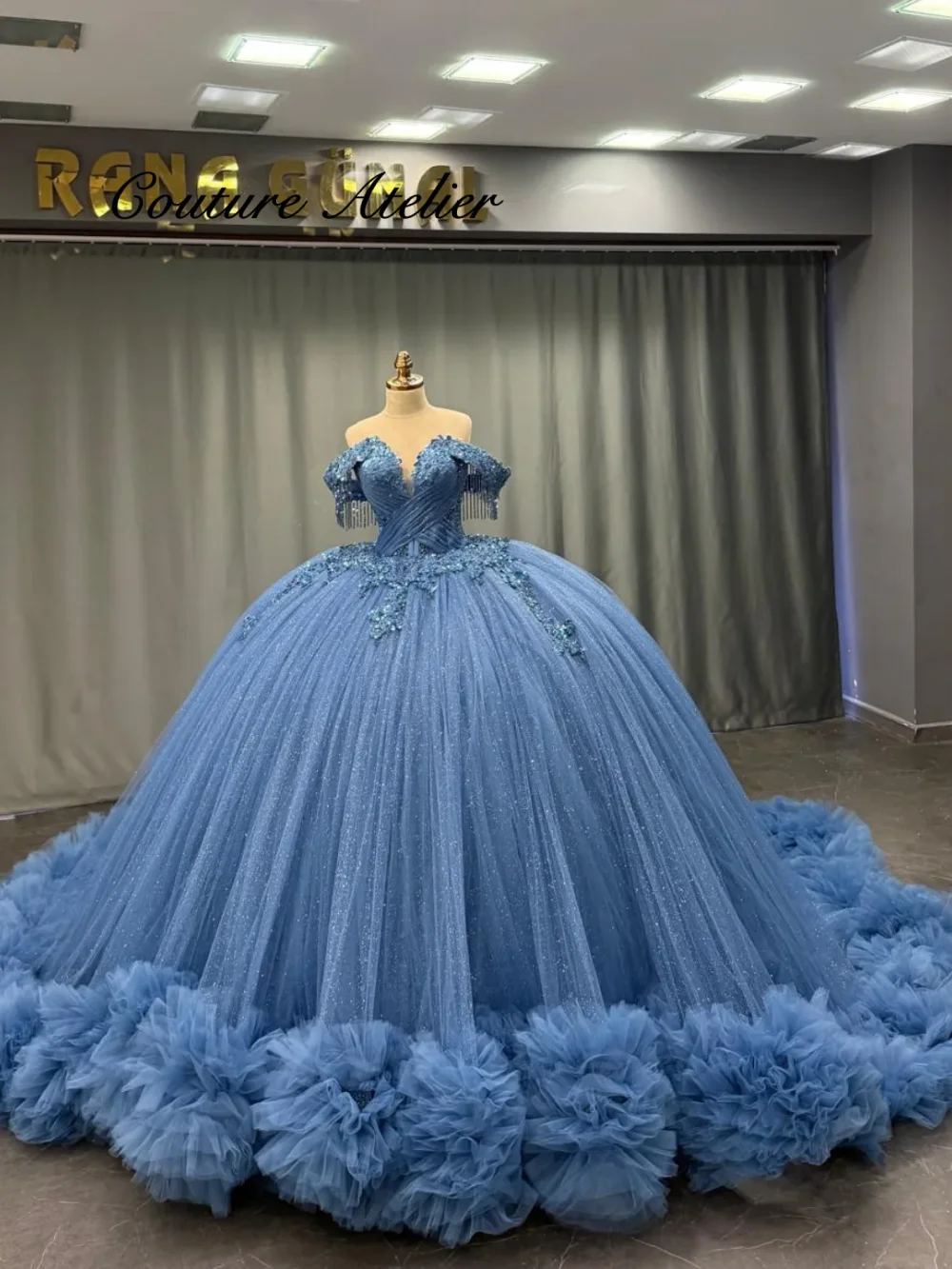 

Нежные синие платья Quinceanera, расшитые бисером кружевные аппликации, бальное платье на день рождения, платья de 15 años, 2025 г., по индивидуальному заказу