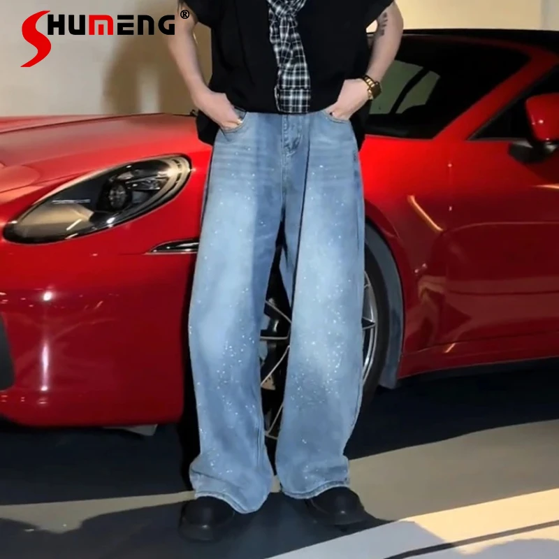 Männer 2025, Sommer Neue Amerikanische Stil Strass Jeans Männlichkeit Breite Bein Denim Hosen Lose Gerade Retro Lange Denim Hosen