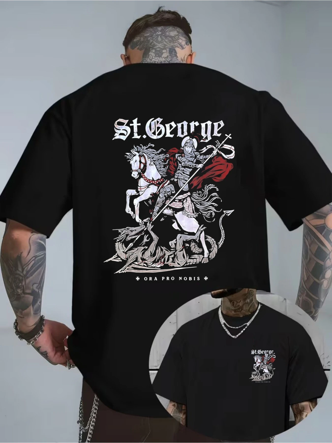 Herren-T-Shirt mit St. Georg, der den Drachen tötet, katholisches religiöses Freizeit-T-Shirt – Detail 3