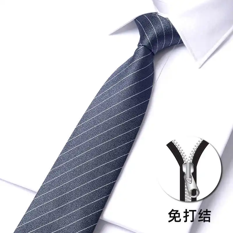 High Quality Gray White Stripe Zipper Tie For Men's 8CM Standard Formal Shirt Accessories For Business Banquets Knot Free Cravat