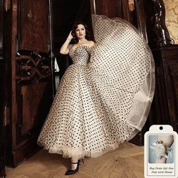 OEING Vintage Princess Dot Tulle Prom Dresses Off the Shoulder Tea Length Short Sleeves Formal Evening Party Gowns Customized