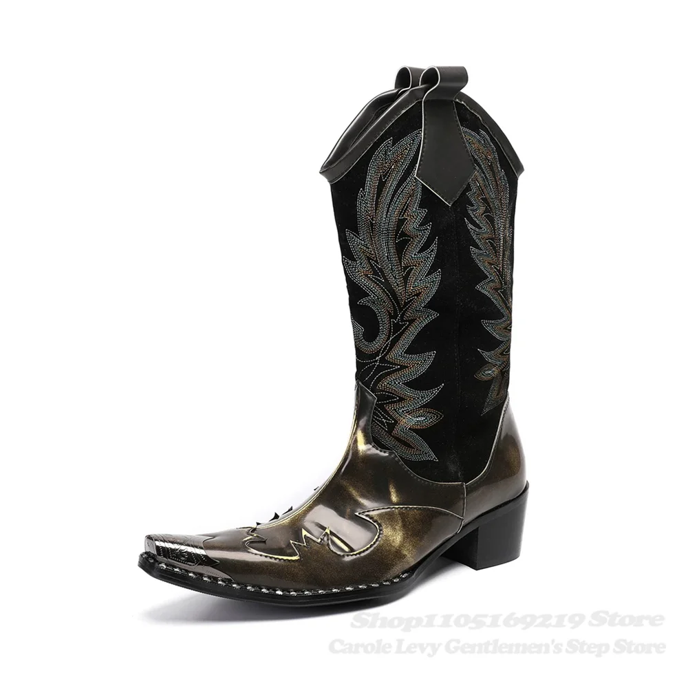 Red Snake Pattern Crystal Print Patchwork Knee High Boot Men Iron Pointed Toe Chunky Heel Western Nightclub Runway Long Boots view 3