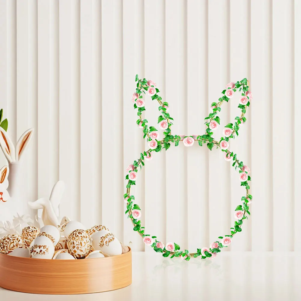 

Artificial Easter Wreath Craft 2Pcs Bunny Shaped Metal Ring Iron Rattan Wreath for Front Door Holiday Wall Decoration