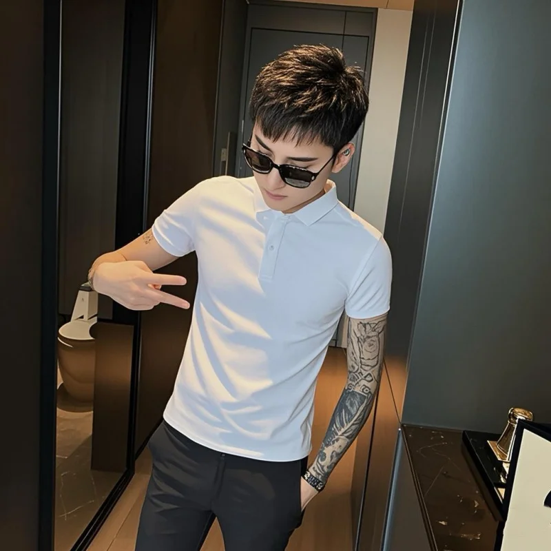 

Мужская летняя футболка Slim Fit с коротким рукавом, размер XS, тонкая, с отложным воротником, гладкая поверхность, базовая модель