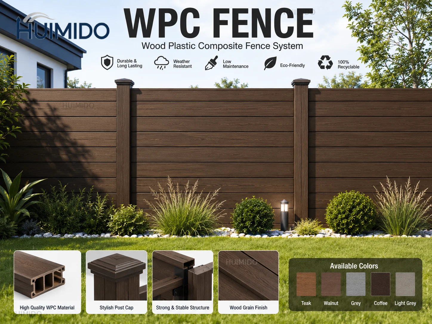 Fence Panel Wood Plastic Composite Fencing Outdoor Aluminum Frame Garden Yard Patio Backyard Privacy Security Wall Gate