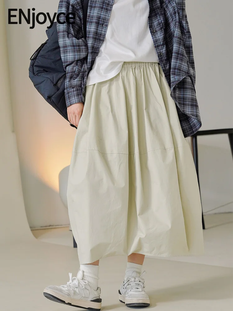 

ENjoyce 2024 Spring Women Vintage Plaid Skirt Korean Fashion Dress Up Casual Loose Elastic High Waist Flower Bud Long Skirts