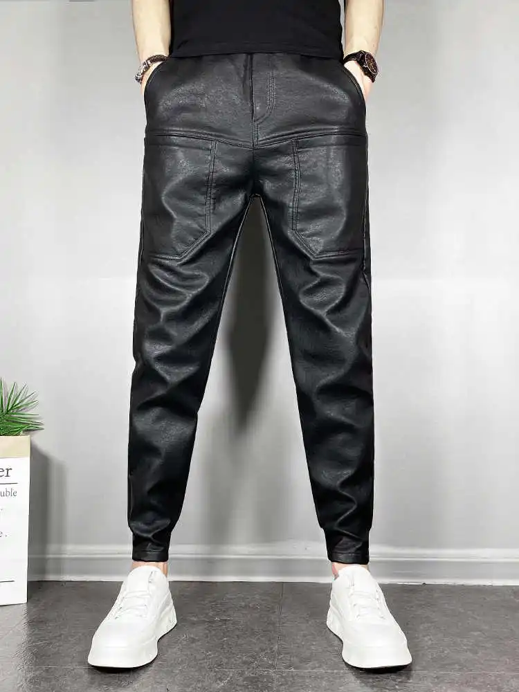 

Winter Thiened Fce Lined Slim Fit Trousers Men's 2024 New Sle Riding Canion Windproof Leather Pants Youth Casual
