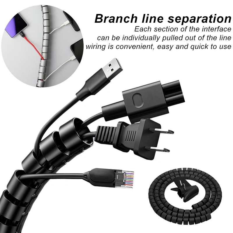 2M Flexible Spiral Cable Wire Protector Cable Organizer Computer Cord Protective Tube Clip 8/10/16mm Office Management Tools