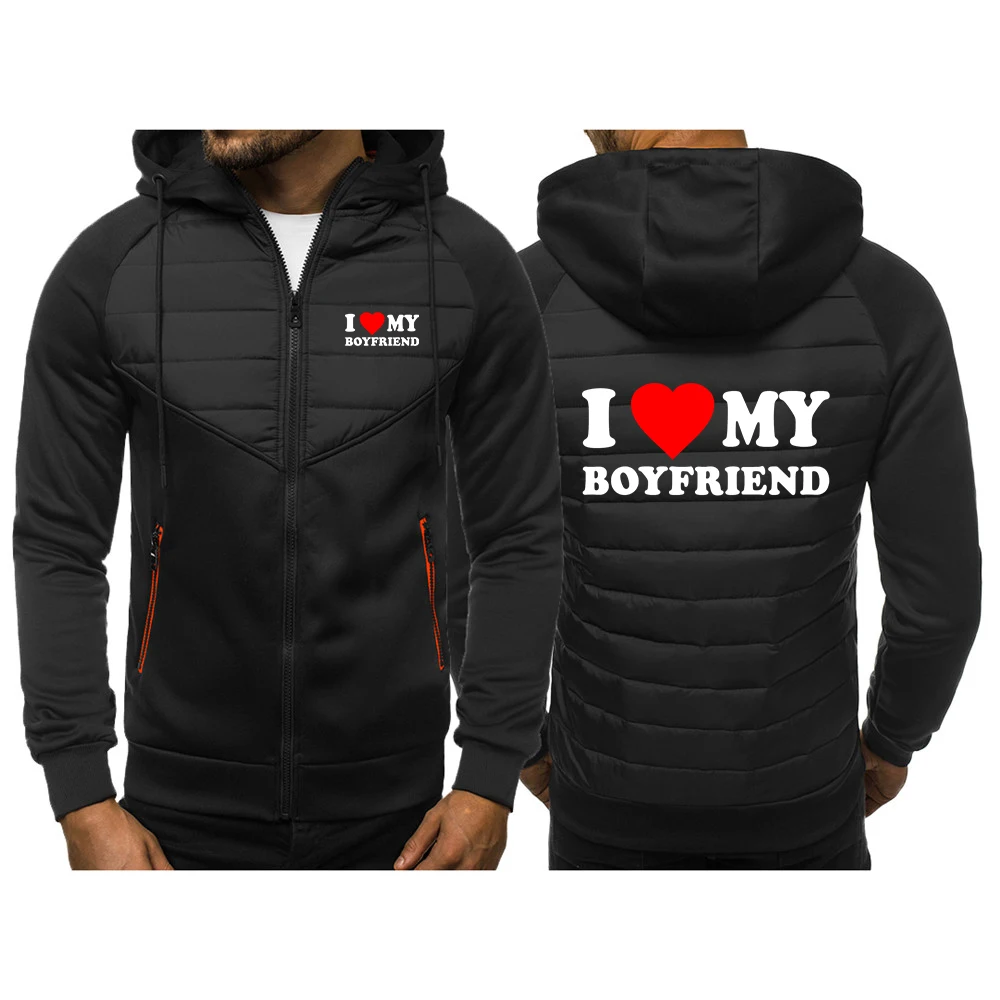 

2025 Spring Autumn Mens I Love My Girlfriend Boyfriend Logo Print Patchwork Cotton Long Sleeve Zipper Hooded Jacket Hoodies Coat