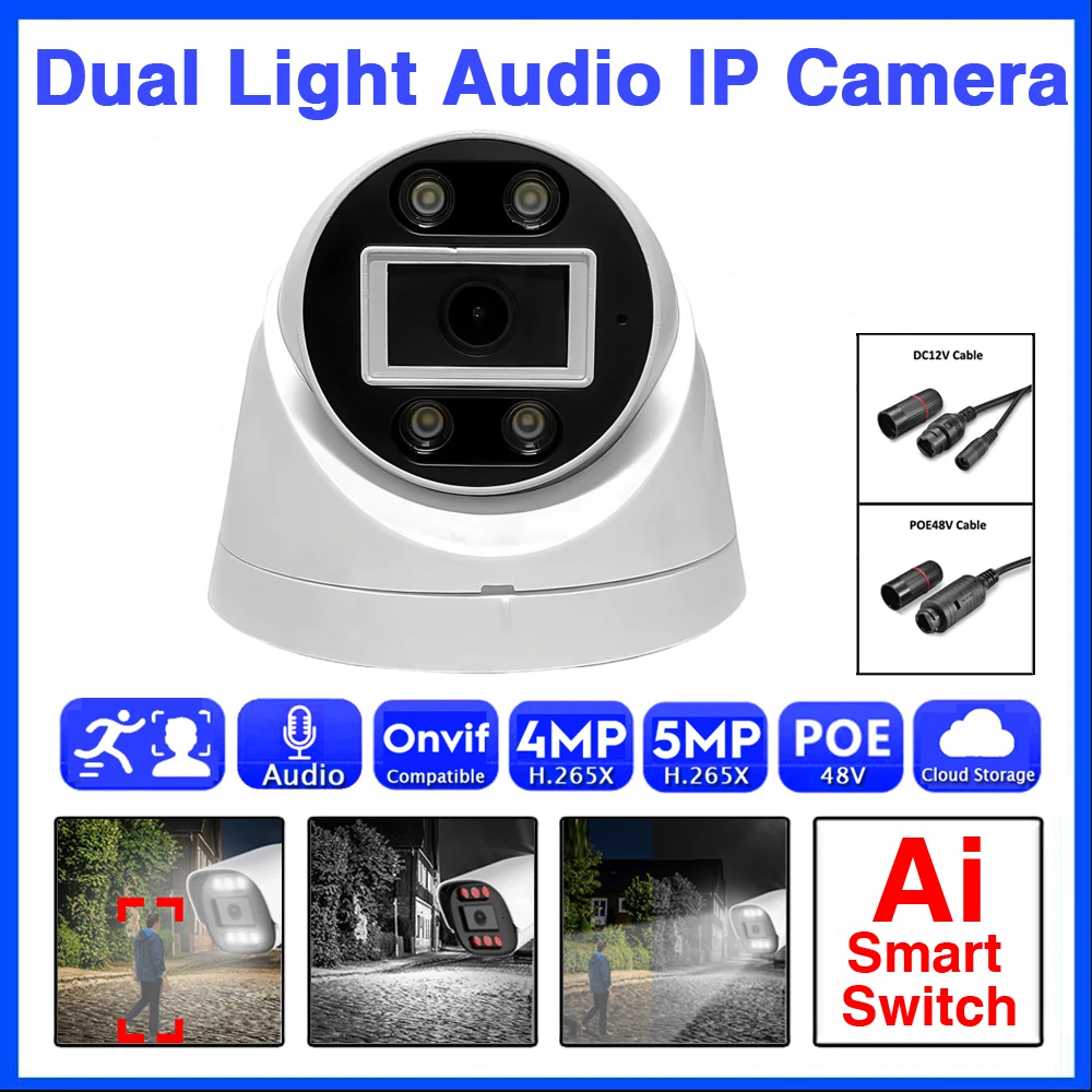 

AI Audio Mic IP POE 5MP 4MP Full Color Dual Light Infrared Dome Camera Xmeye Pro Onvif Face Indoor ICSEE 48V Smart Protection