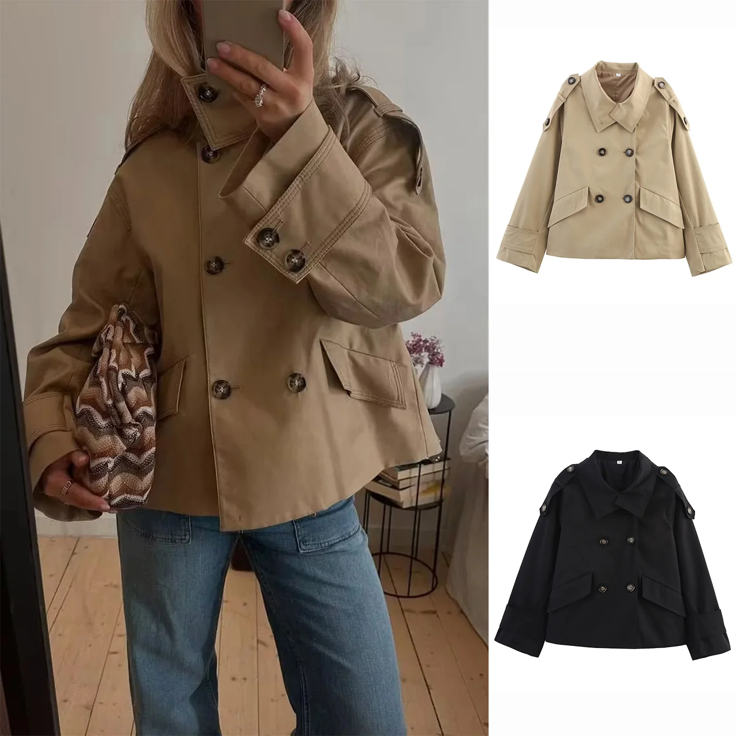 

Новое осеннее поступление, женское повседневное пальто в стиле ретро с длинным воротником-стойкой и двойными пуговицами, верхняя одежда Jaet