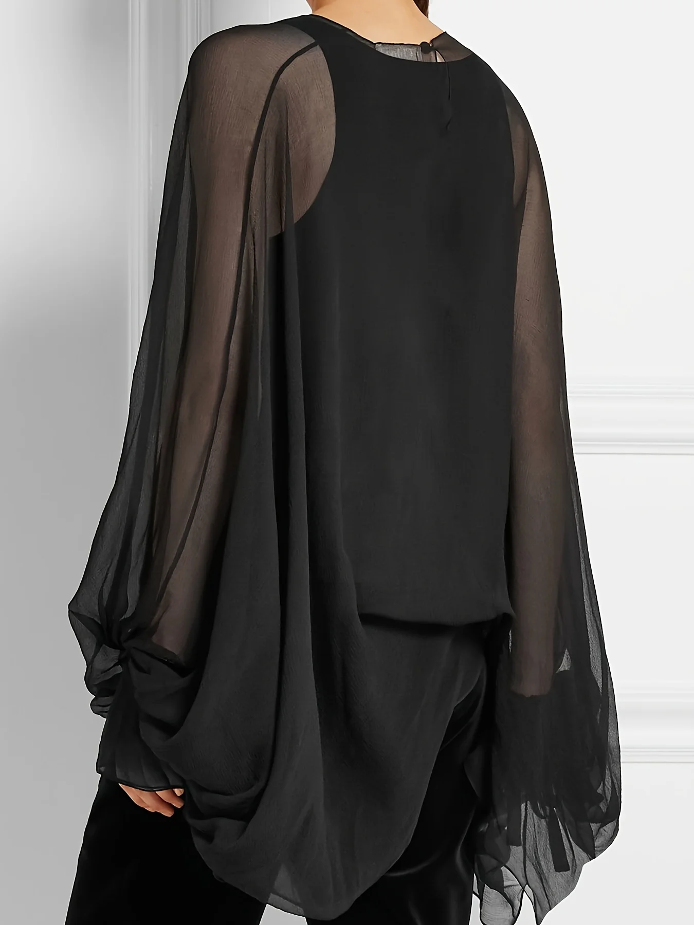 Chiffon Black Mesh O Neck Blouse for Women Summer Sheer See Through Bat Sleeve Long Sleeve Loose Chic Pullover Tops Plus Size