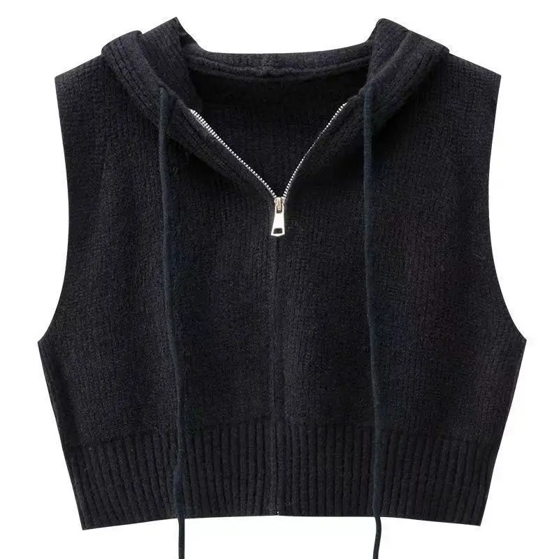 Suéter con capucha, chalecos para mujer, diseño de cordón, calle alta, cómodo, otoño, estilo coreano, tejido Vintage, informal, Retro, recortado