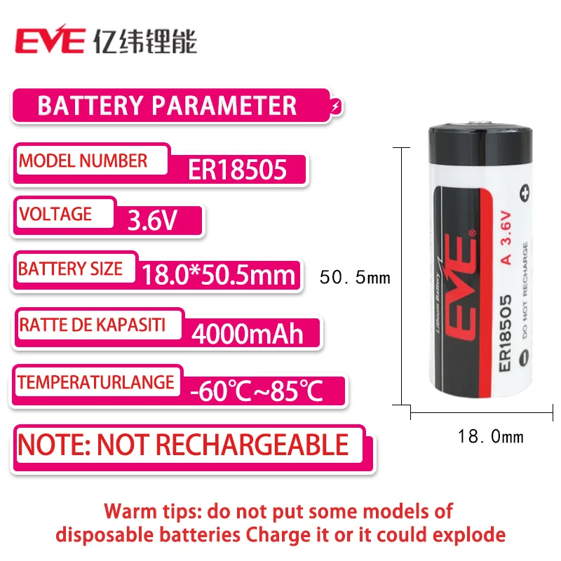 EVE ER18505 3.6V Disposable Lithium Battery Intelligent Water Meter Instrument GPS Locator PLC Industrial Control Equipment