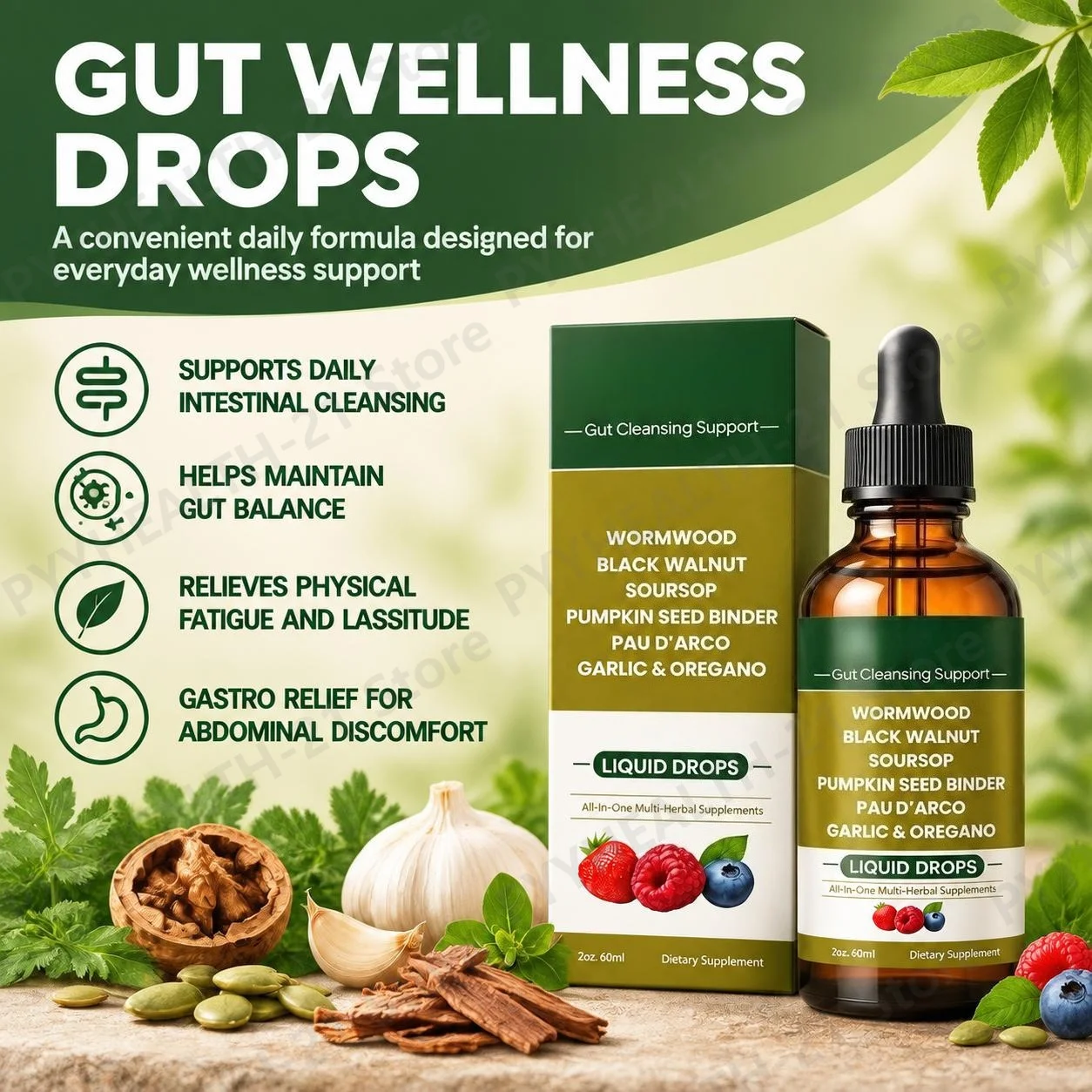 Gut Cleansing Drops Promotes Intestinal Cleansing & Gut Balance & Reduce Stress & Eases Discomfort Wormwood Black Walnut 60ml