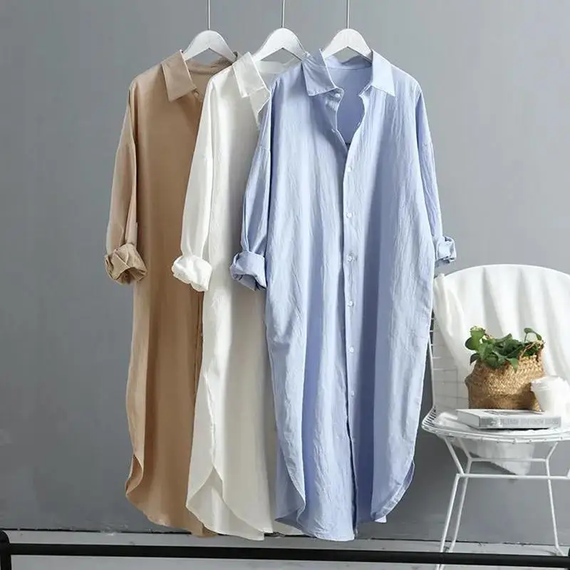 

White Polo-Neck Solid Casual Cotton Linen Long Sleeve X-Long Shirt Women's Blouse Shirt Korean Female Clothing Tops Spring Tops