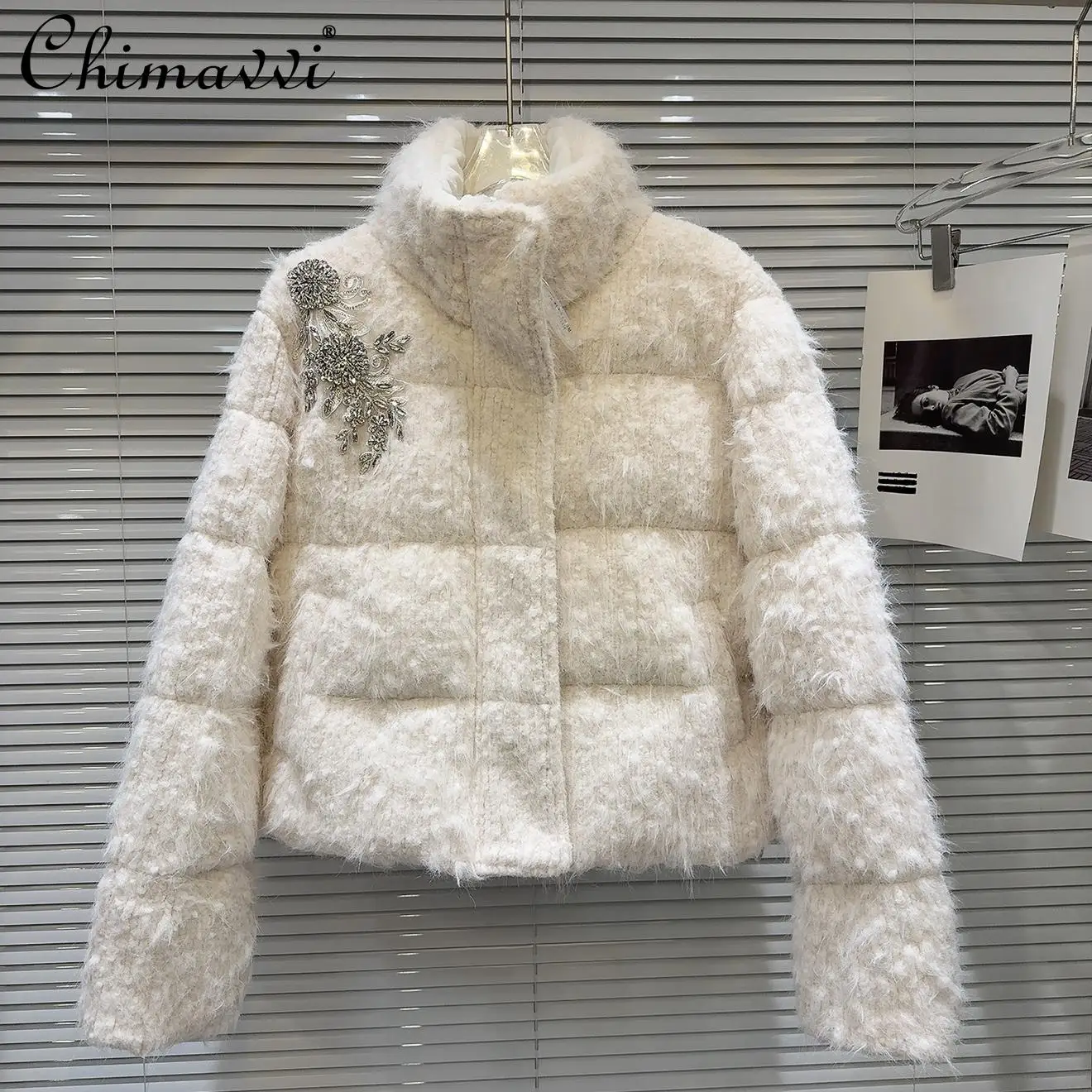 2024 Winter New Heavy Flash Diamond Bead Flower Plush White Duck Down Jacket Loose Long Sleeve Elegant Warm Women's Down Coats