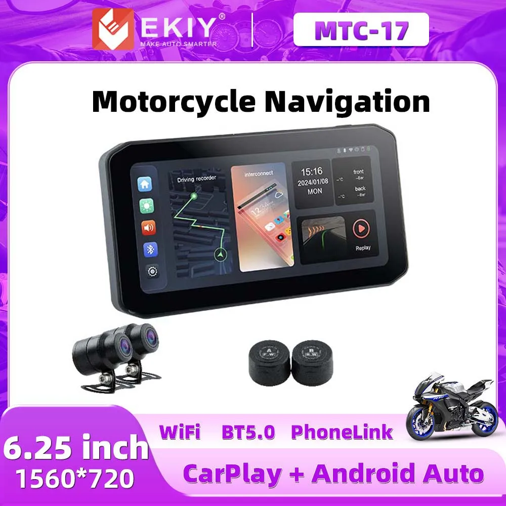 EKIY Motorcycle GPS 6.25 inch WiFi MOTO Navigation Waterproof Carplay Display Screen Portable Motorcycle Android Auto